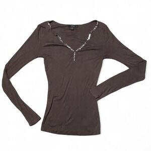 Brown long sleeve henley button down top with sequin neckline
